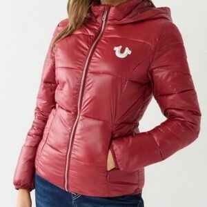 True Religion Womens HS Slim Puffer World Tour Jacket Coat Metal Logo Y2K‎ Red S